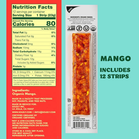 Solely Organic Mango Fruit Jerky | Whole Fruit Strips | Case of 12 (0.8 oz Each)