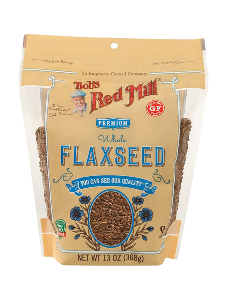 Bag of Bob's Red Mill whole flaxseeds on a white background