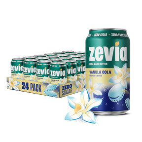 Zevia Vanilla Cola cans with packaging on a white background