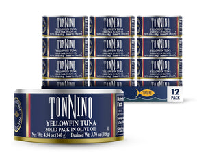 Tonnino Yellowfin Tuna solid pack in olive oil with a 12-pack box on a white background