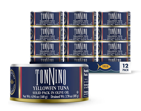 Tonnino Yellowfin Tuna solid pack in olive oil with a 12-pack box on a white background