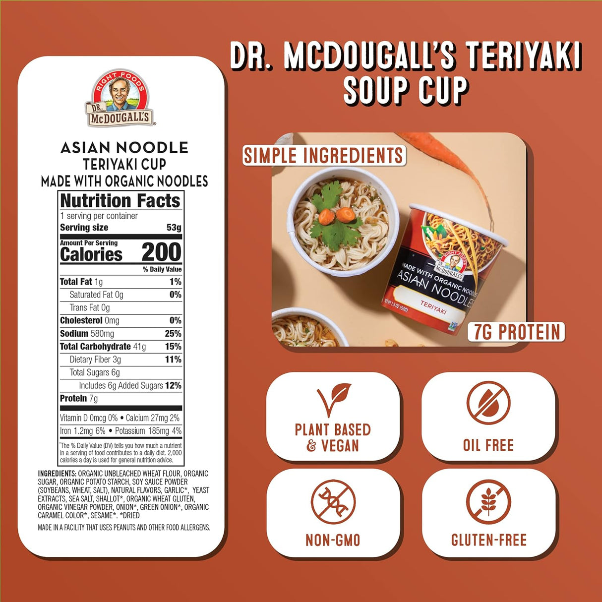 Dr. McDougall's Teriyaki Soup Cup packaging with nutrition label and ingredient information on a brown background.