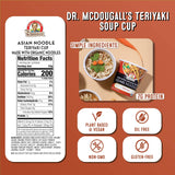Dr. McDougall's Teriyaki Soup Cup packaging with nutrition label and ingredient information on a brown background.