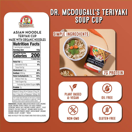 Dr. McDougall's Teriyaki Soup Cup packaging with nutrition label and ingredient information on a brown background.