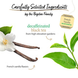Bigelow French Vanilla Decaffeinated black tea packaging with vanilla beans, tea leaves, and flowers on a white background.