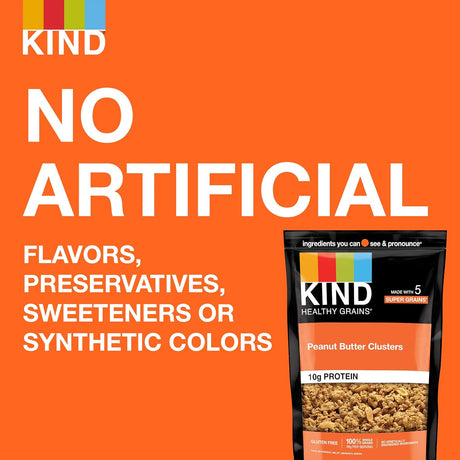 KIND peanut butter clusters package with text on an orange background