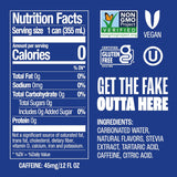 Nutrition label and certification logos on a blue background