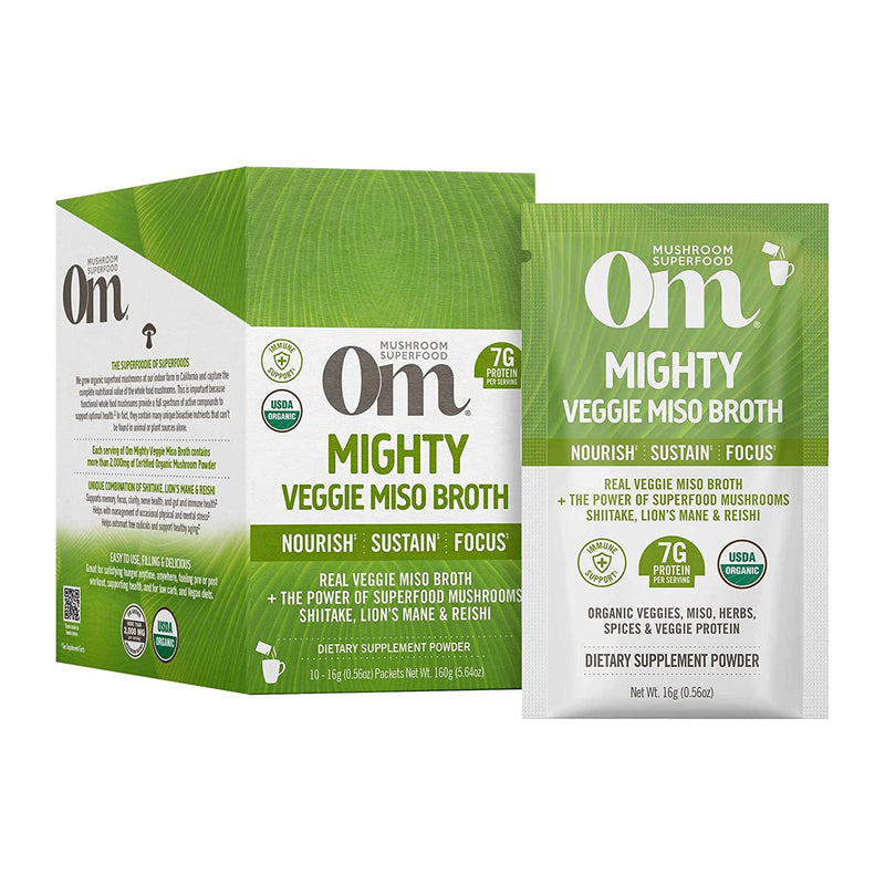 Om Mushroom Superfood Mighty Veggie Miso Broth 7g Protein Powder, Single Serve, 10 Count - Cozy Farm 