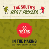 Advertisement for 'The South's Best Pickles' celebrating 90 years with pickle graphics and text.