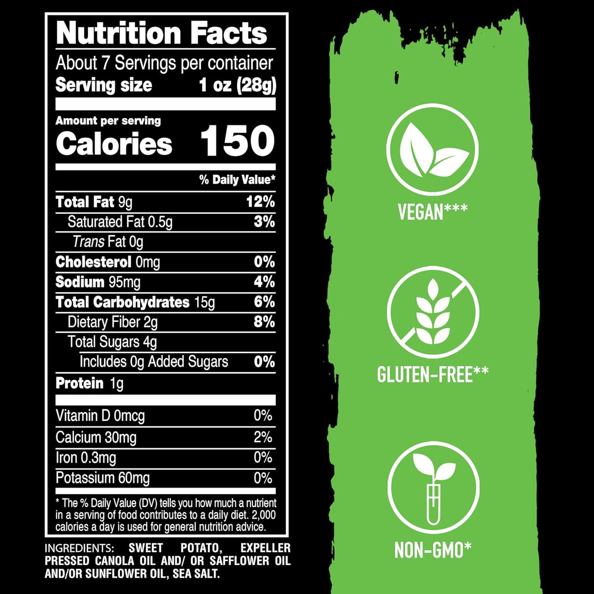 Nutrition facts label and certification icons on a green and black background