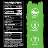 Nutrition facts label and certification icons on a green and black background