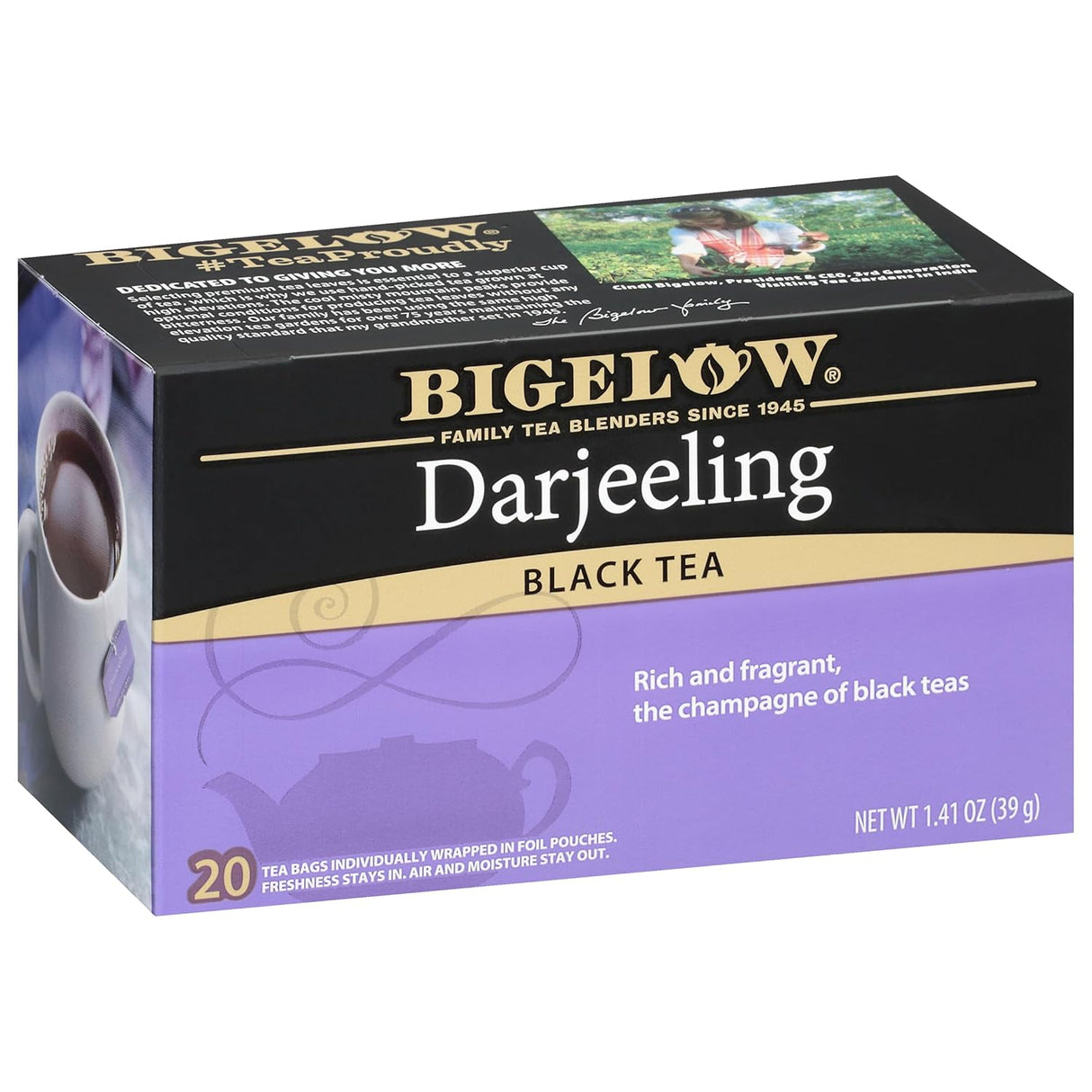 Box of Bigelow Darjeeling Black Tea on a white background
