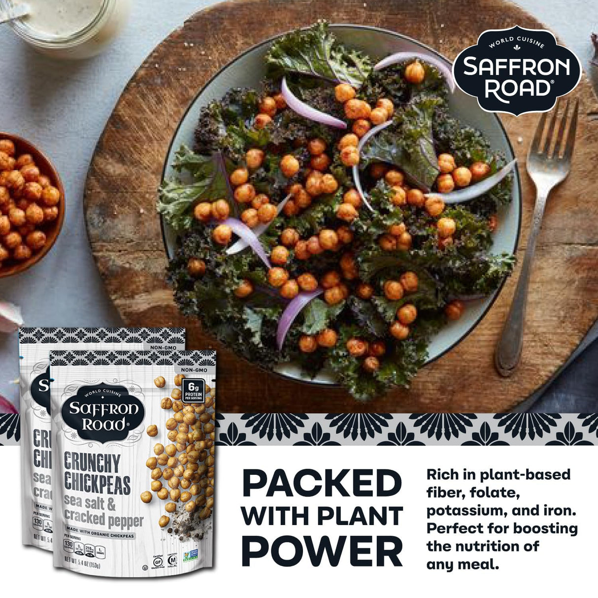 Saffron Road salad with chickpeas and kale on a wooden board, accompanied by packaging and text about plant-based nutrition.
