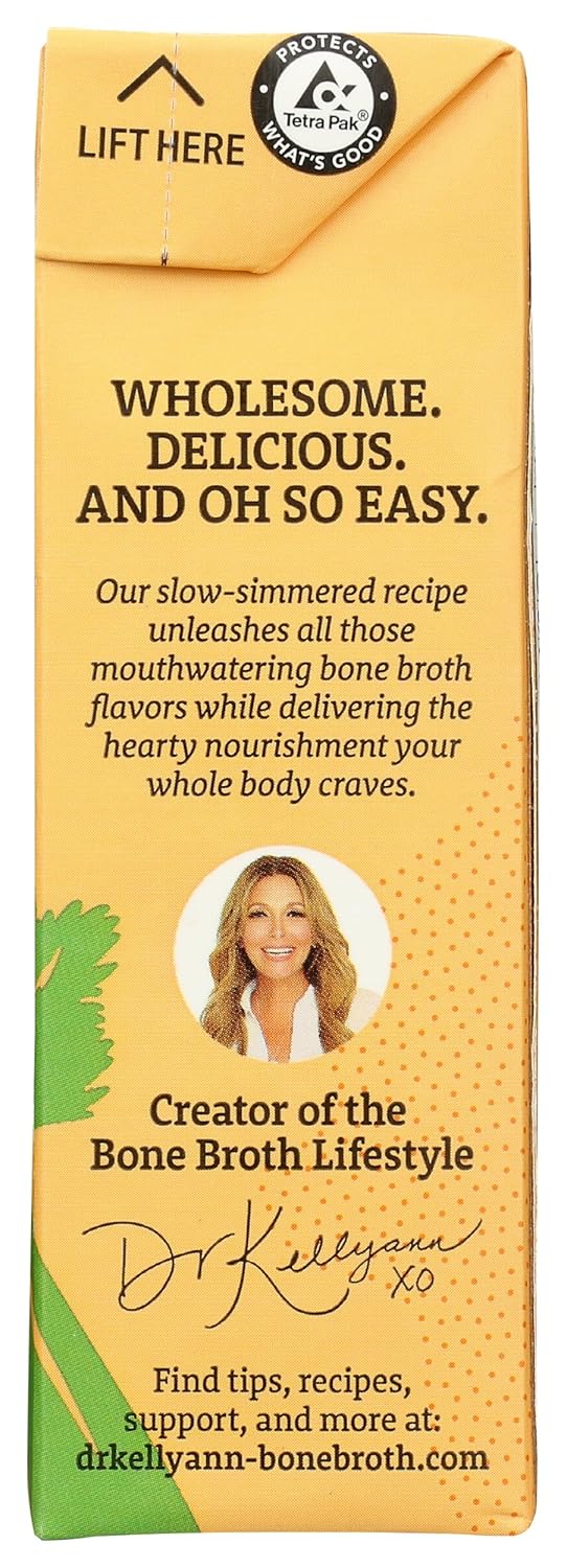 Box of Dr. Kellyann's bone broth with text and a portrait of the creator.