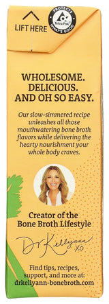 Box of Dr. Kellyann's bone broth with text and a portrait of the creator.