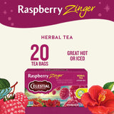 Celestial Seasonings Raspberry Zinger herbal tea packaging with raspberry graphics and text.