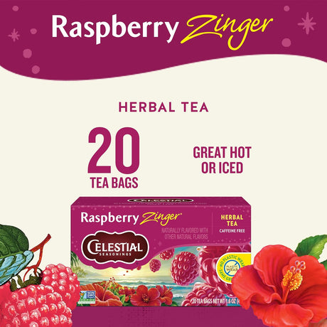 Celestial Seasonings Raspberry Zinger herbal tea packaging with raspberry graphics and text.
