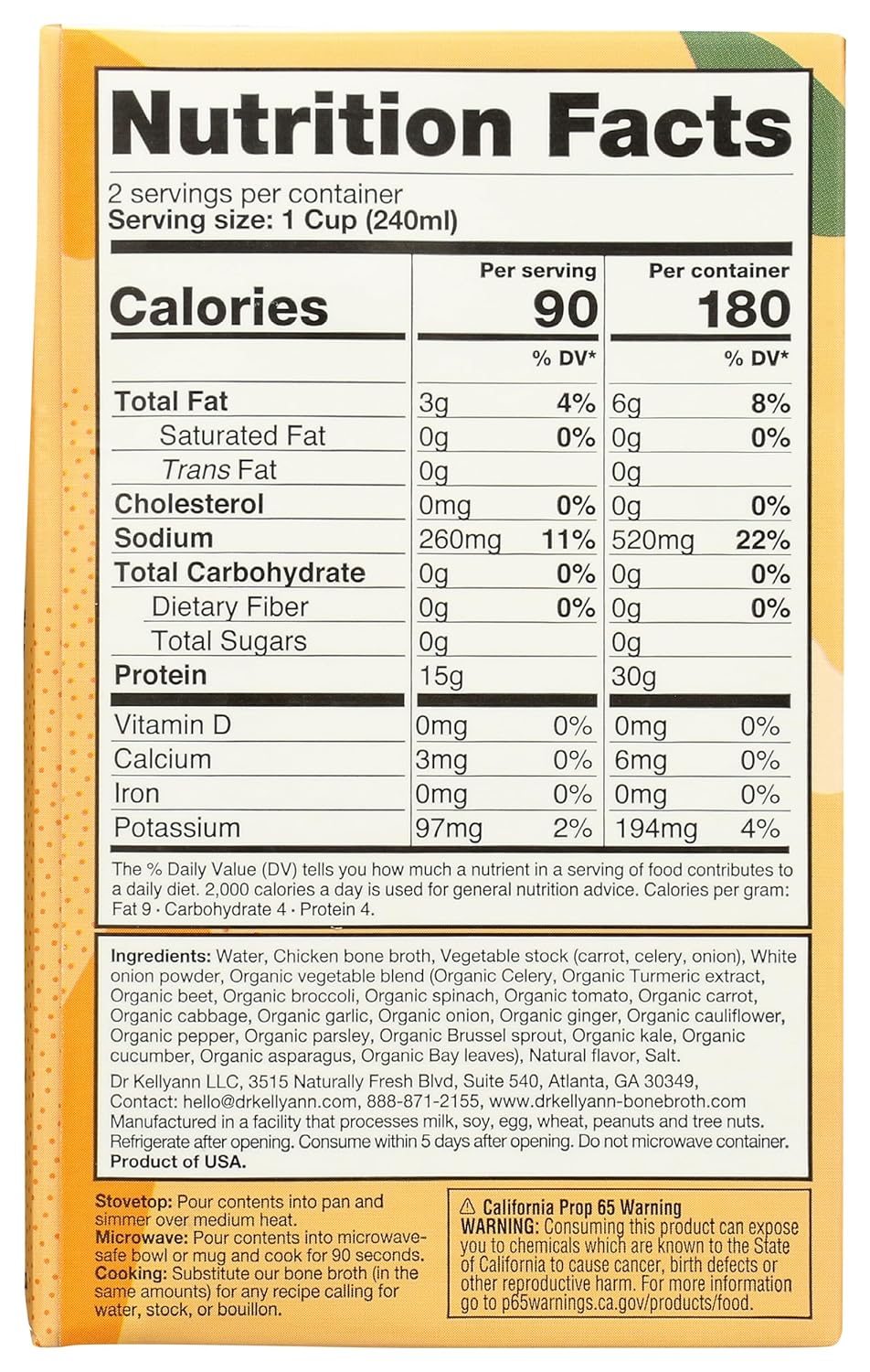 Nutrition facts label for a product with detailed calorie count and ingredient list.