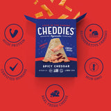 Cheddies Spicy Cheddar cracker box on a red background with brand icons.