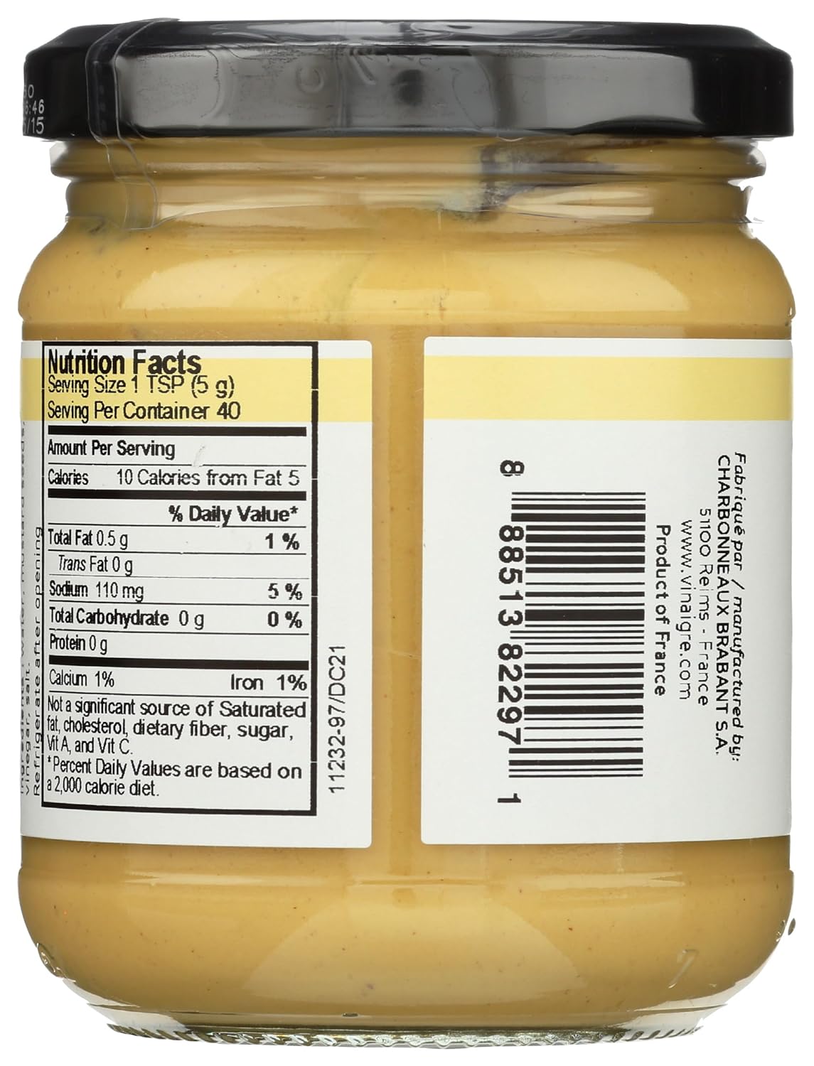 Jar of Beaufor  mustard with nutrition label and barcode on a white background