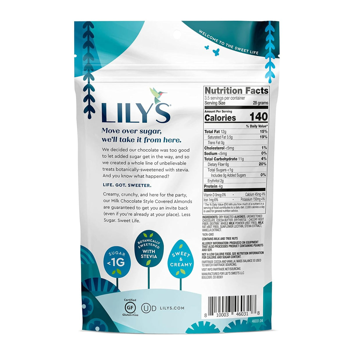 Lily's Sweets No Sugar Added Milk Chocolate Covered Almonds with Stevia, 3.5 oz Bars, Case of 12