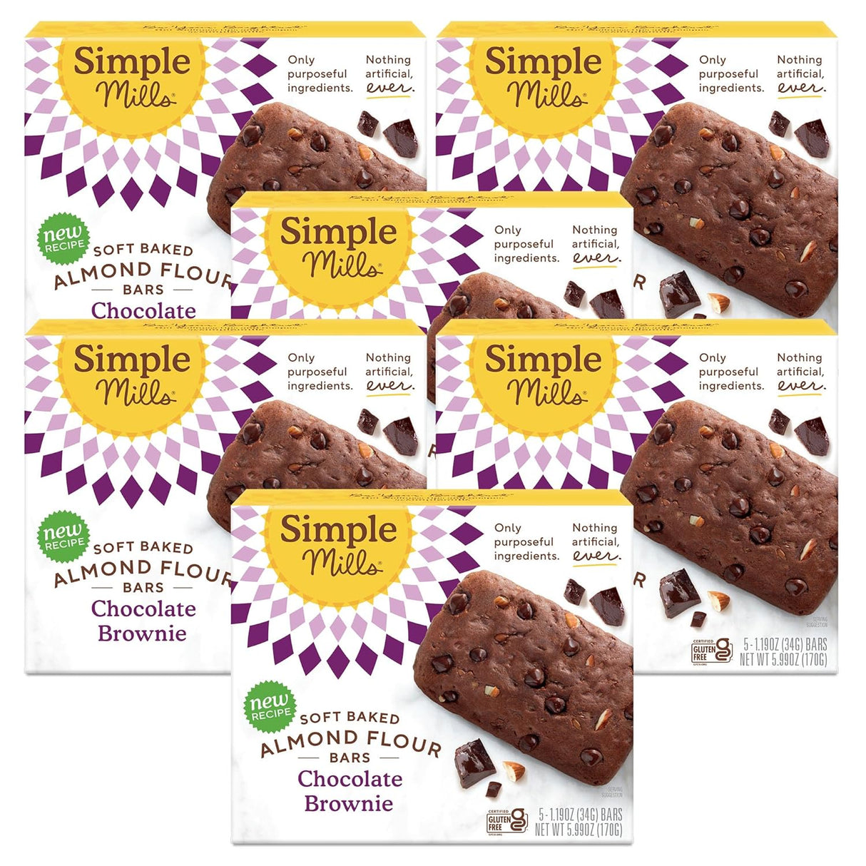 Multiple boxes of Simple Mills chocolate almond flour bars on a white background