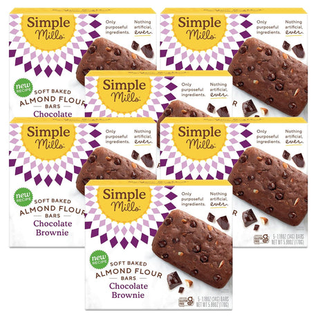 Multiple boxes of Simple Mills chocolate almond flour bars on a white background