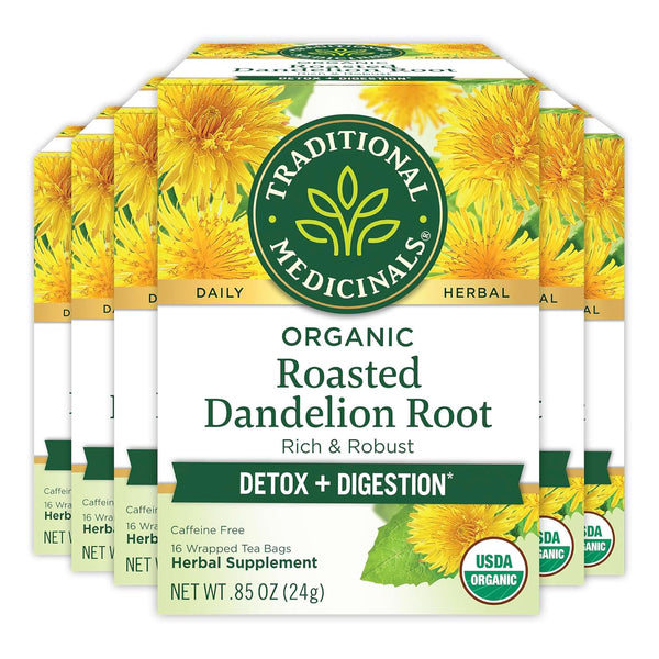 Traditional Medicinals Organic Roasted Dandelion Root Herbal Tea, 16 Tea Bags, Case of 6