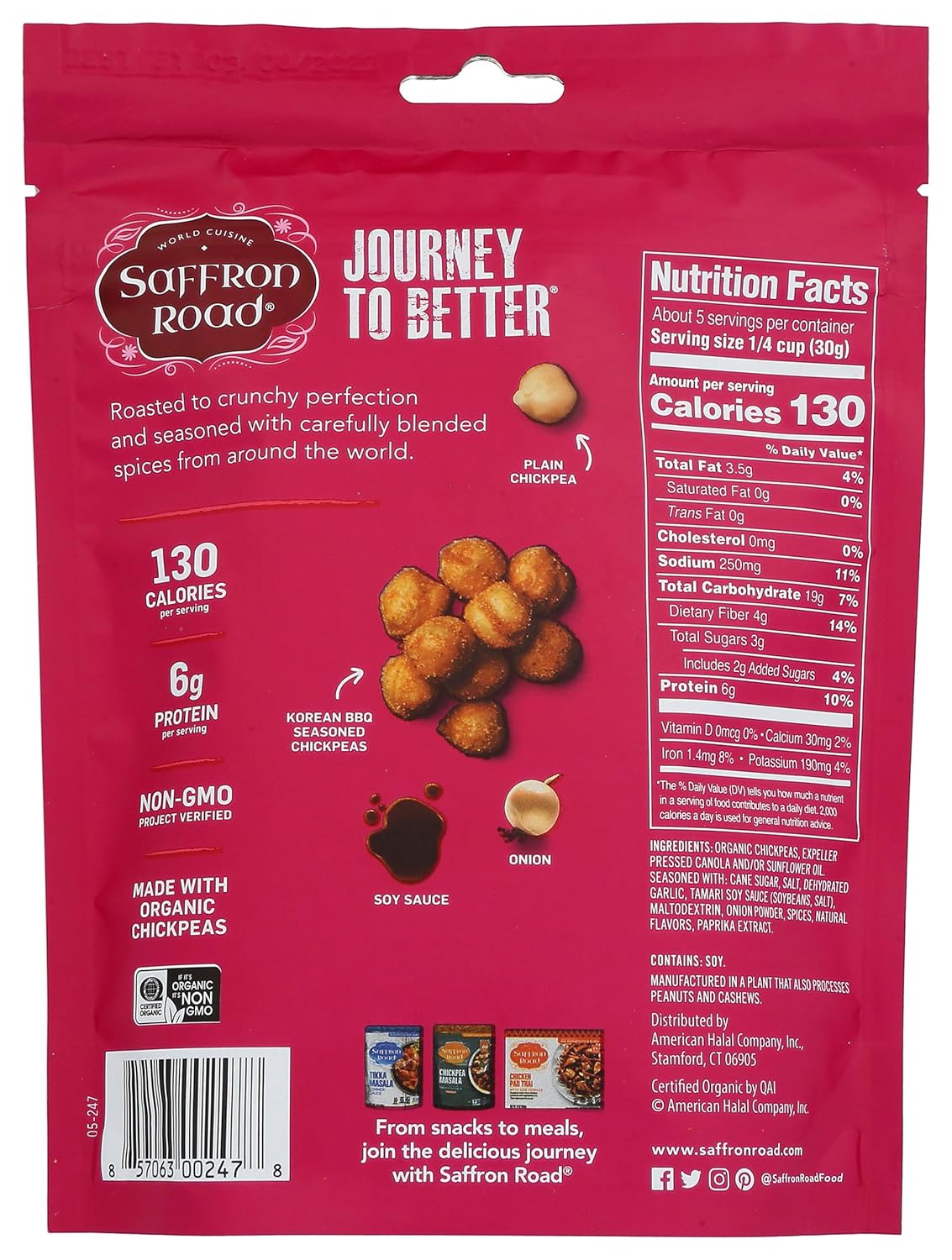 Back of a Saffron Road snack package with nutritional information and ingredients.