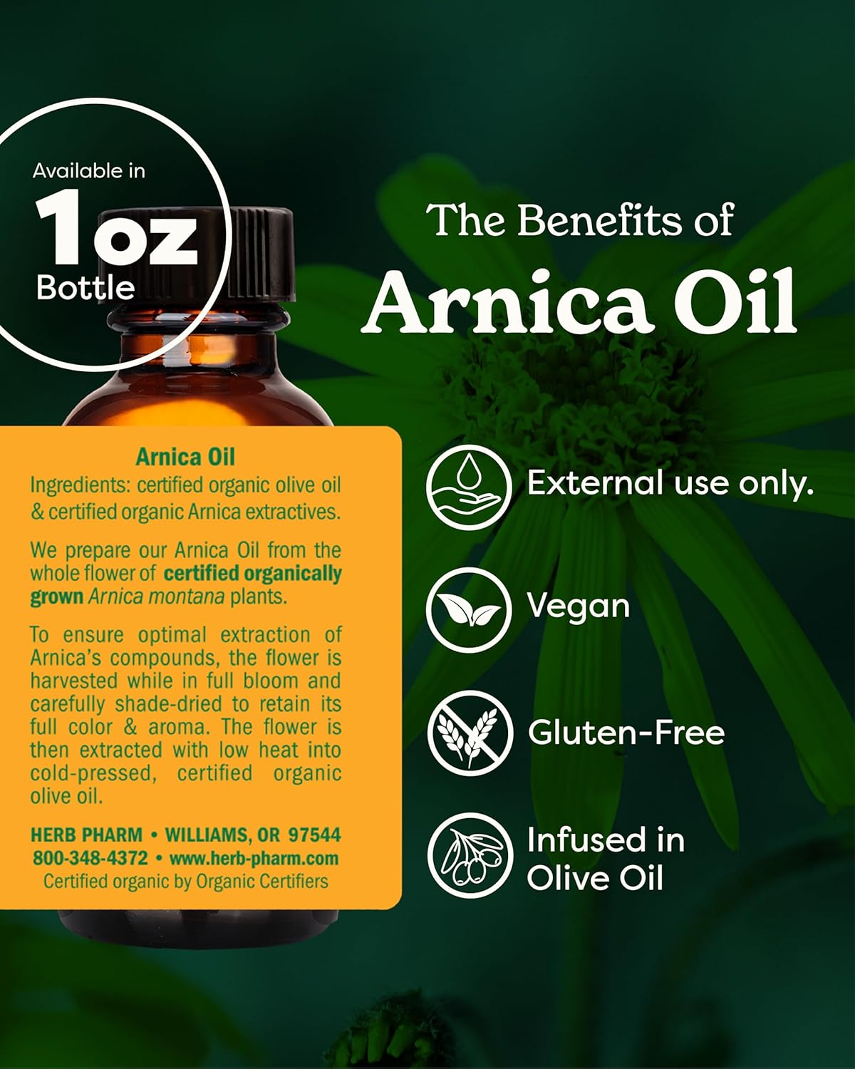 Arnica oil bottle with benefits and product details on a green leafy background
