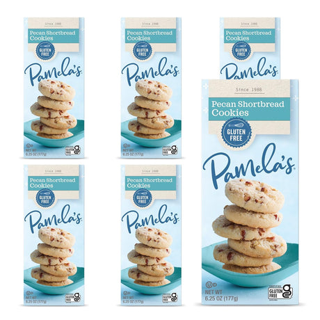 Five boxes of Pamela's Pecan Shortbread Cookies on a white background