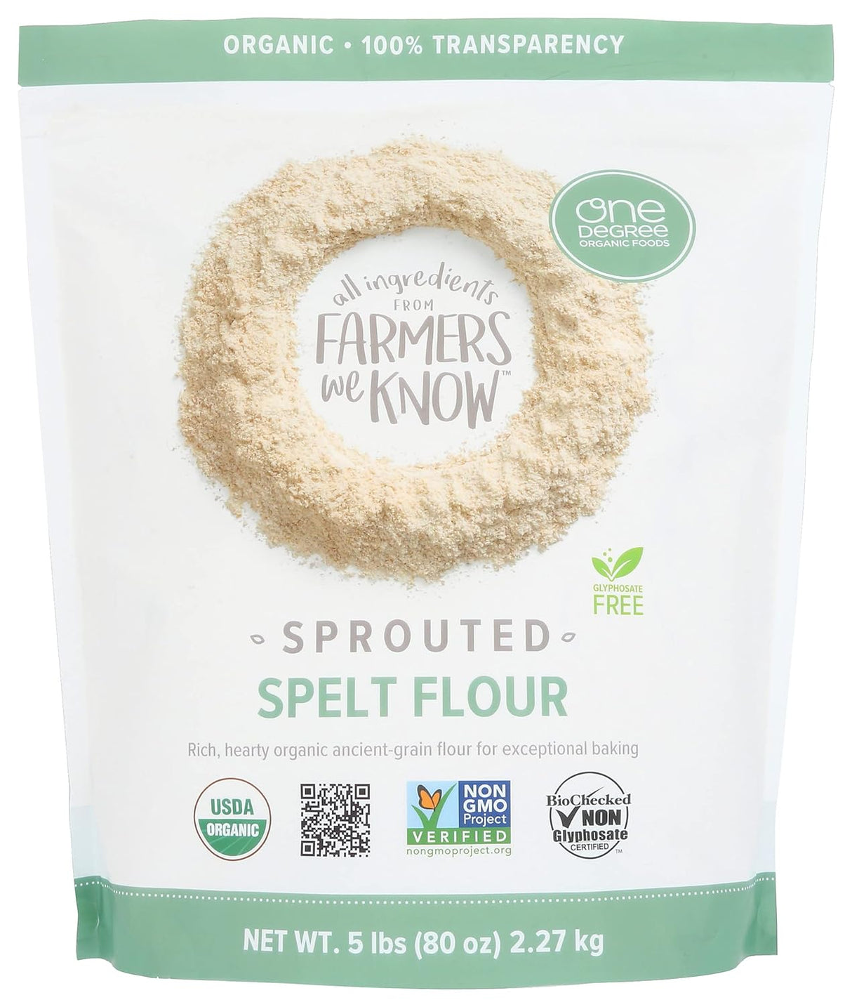 Package of sprouted spelt flour with branding and certification logos on a white background