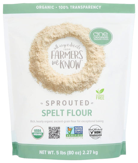 Package of sprouted spelt flour with branding and certification logos on a white background
