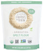 Package of sprouted spelt flour with branding and certification logos on a white background