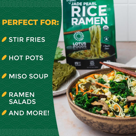 Jade Pearl Rice Ramen package with a bowl of ramen and text listing uses.