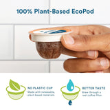 Hand holding a 100% plant-based EcoPod with text and icons indicating its features.