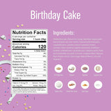 Nutrition facts and ingredients label for 'Birthday Cake' on a pink background with cake-themed elements.