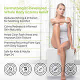 Woman sitting on a white box with eczema relief product information and benefits listed.