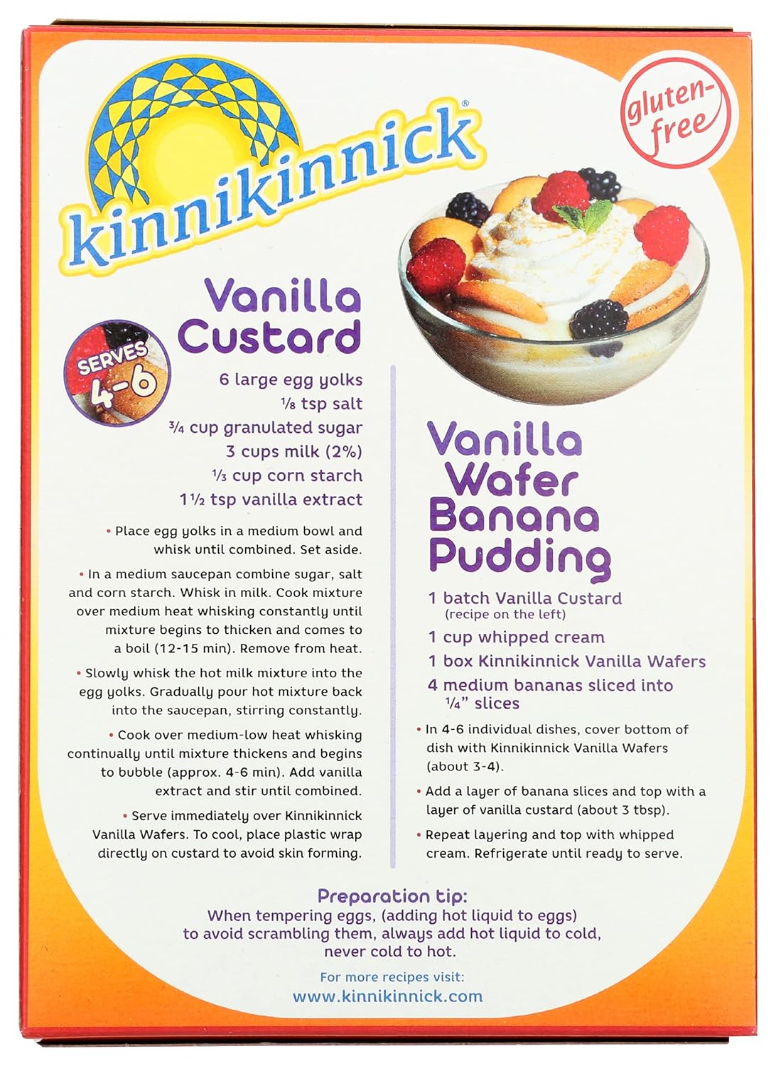 Kinnikinnick Vanilla Custard and Vanilla Wafer Banana Pudding packaging with ingredients listed.