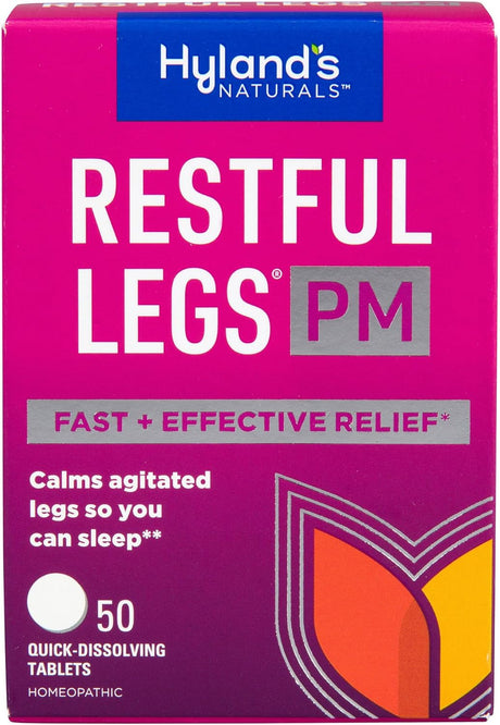 Box of Hyland's Restful Legs PM homeopathic tablets on a pink background