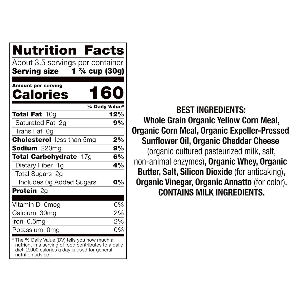 Nutrition facts label and list of best ingredients on a white background