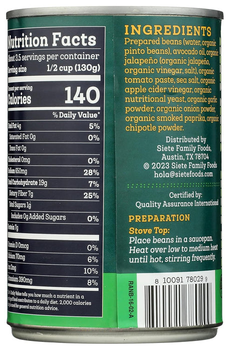 Siete Refried Ranchero Beans, Organic, Case of 12, 16 oz Cans