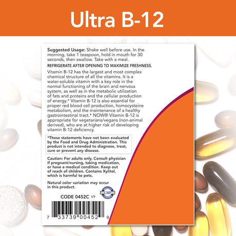 Now Foods Ultra B12 Liquid Complex - High-Potency Vitamin B12 Supplement for Energy and Nerve Health - 4 fl oz - Cozy Farm 