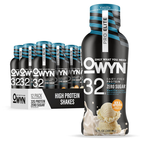 OWYN protein shake bottles with packaging on a white background
