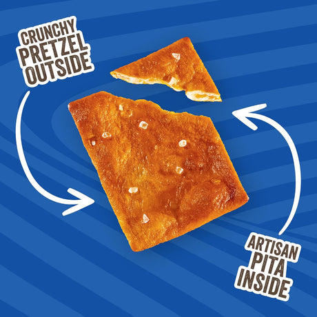 Pretzel pita on a blue background with text indicating pretzel outside and artisan pita inside.