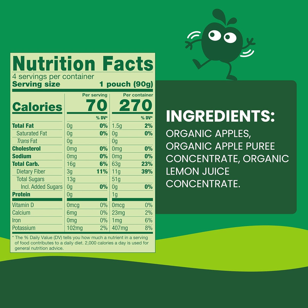 Nutrition facts and ingredients list for a product on a green background with a cartoon character.