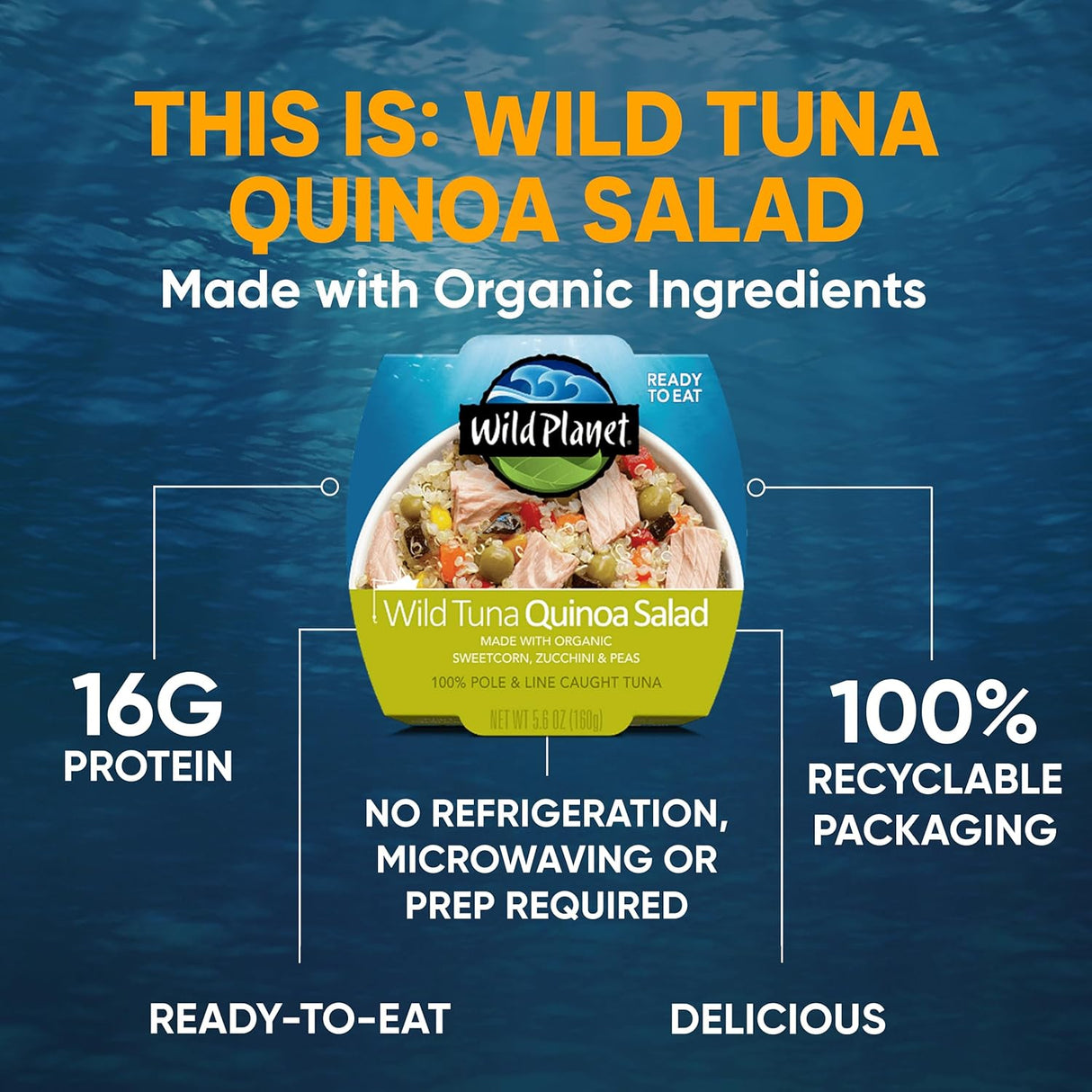 Advertisement for Wild Planet Wild Tuna Quinoa Salad packaging with ocean background
