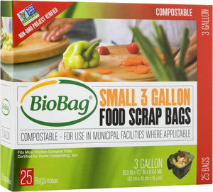 Biobag Food Scraps Compostable Bags, 3 Gallon, 25 Count, Case of 12