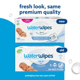 Comparison of new and old packaging for WaterWipes baby wipes on a blue background.