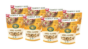 Multiple packages of Nature's Path Honey Almond cereal in family size on a white background